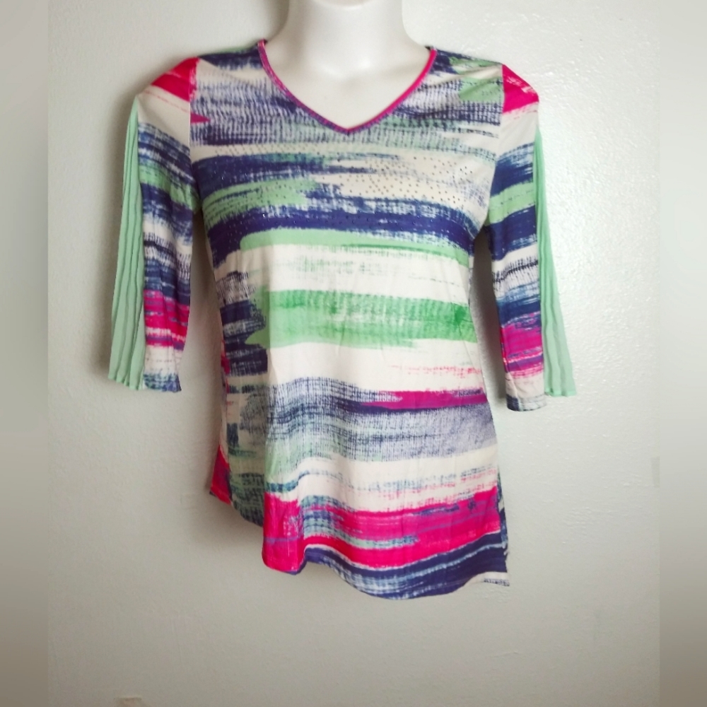 Christopher & Banks M Pink and White Asymmetrical Blouse with 3/4 Sleeves